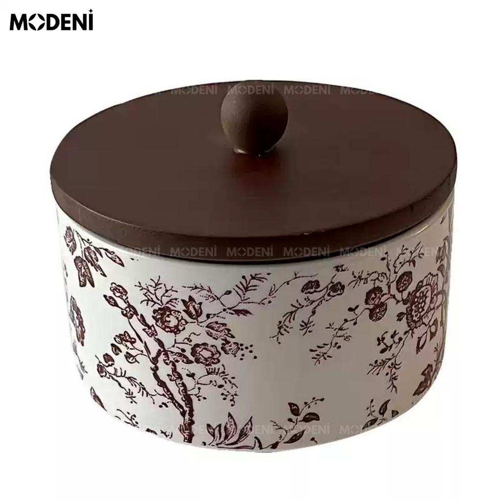 Lọ Đựng Palm Màu Đỏ – Hũ Sứ Nắp Gỗ Đựng Trà Bánh Kẹo – Hoa Văn Cổ Sang Trọng Vintage – Decor Tủ Kệ Đậm Gu