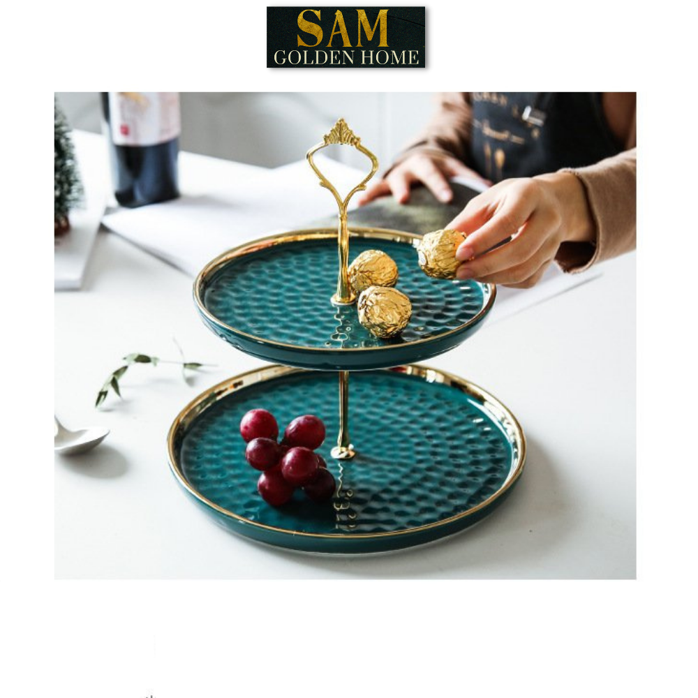 Khay Đĩa Papier 3 Tầng Gốm Sứ Men Cao Cấp – Decor Bàn Tiệc Trái Cây, Bánh Kẹo – Tông Xanh Ngọc Lục Bảo Sang Trọng