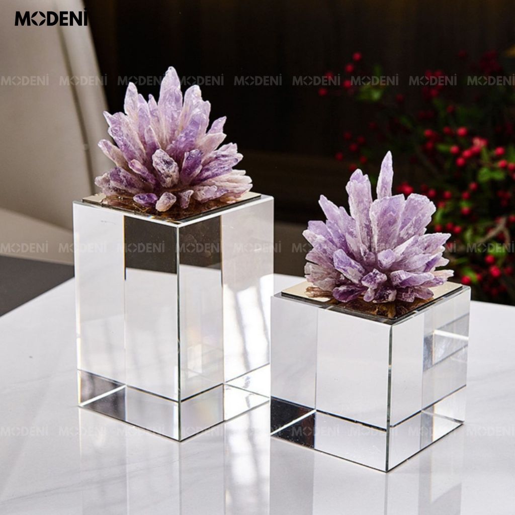 Tượng Koine San Hô Thạch Anh Tím Nhỏ – Decor Phong Thủy Sang Trọng – Đế Kính Phản Chiếu Cao Cấp