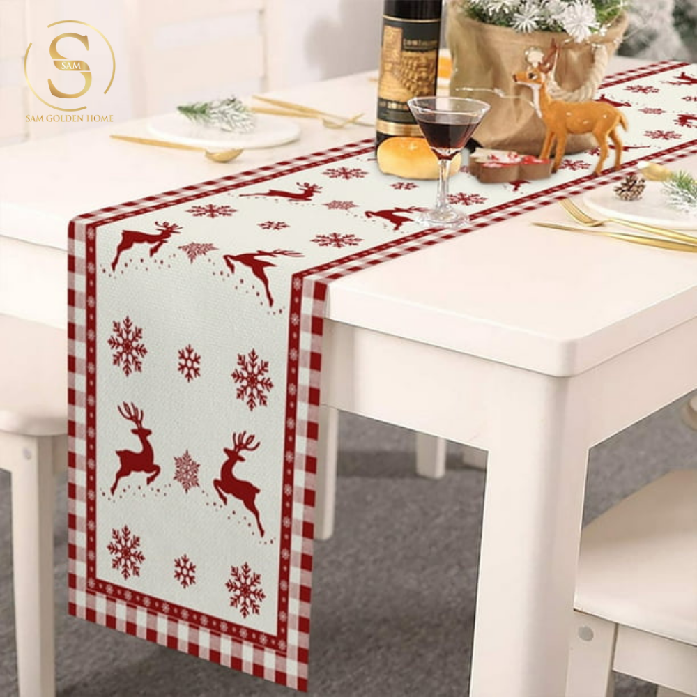 Khăn Trải Bàn Table Runner White Deer Trang Trí Giáng Sinh Cao Cấp