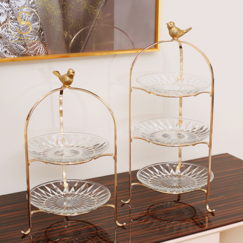 Khay 3 Tầng Kite Chim Vàng Kèm Đĩa Thủy Tinh – Decor Tiệc Trà, Đựng Bánh Trái Sang Trọng – Kiểu Dáng Hiện Đại Tinh Tế