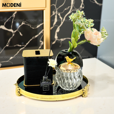 khay tròn neo luxury đen viền vàng decor châu âu sang trọng
