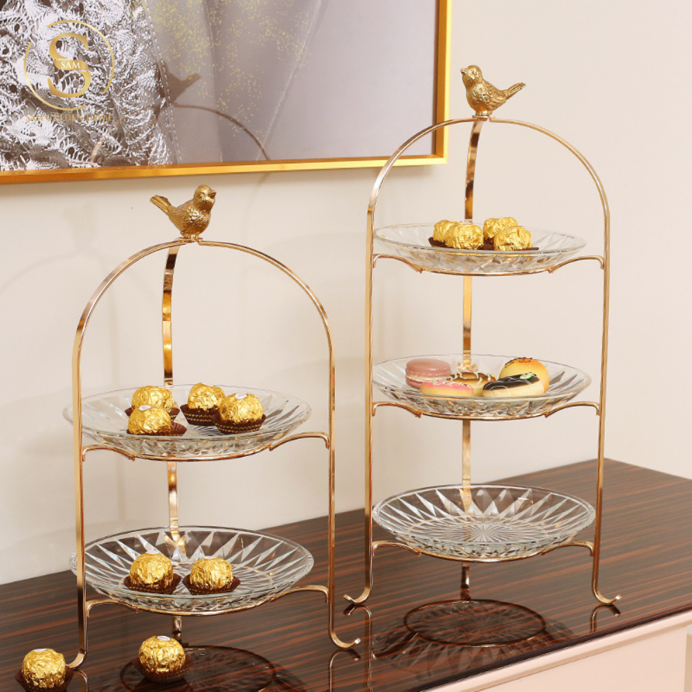 Khay 3 Tầng Kite Chim Vàng Kèm Đĩa Thủy Tinh – Decor Tiệc Trà, Đựng Bánh Trái Sang Trọng – Kiểu Dáng Hiện Đại Tinh Tế