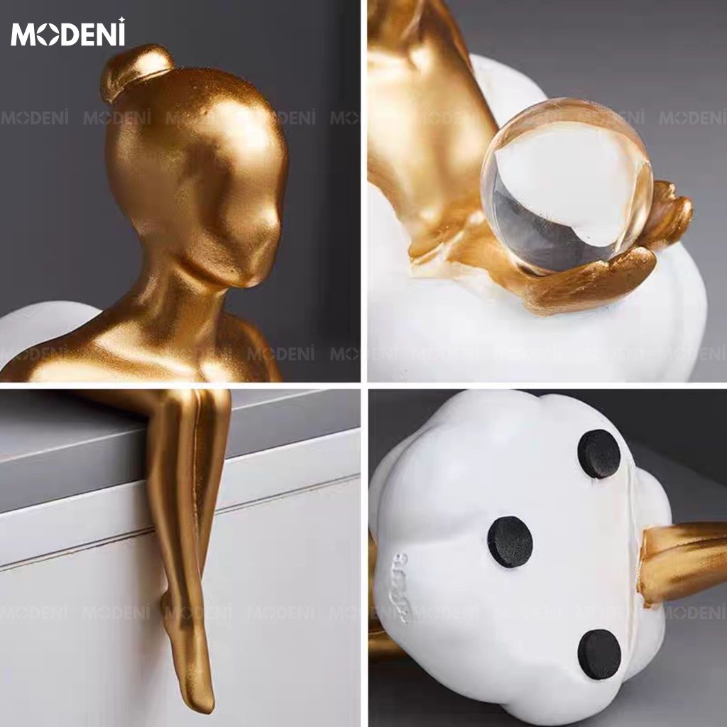 Tượng Cô Gái Ethereal & Linus – Tượng Decor Nghệ Thuật Resin Vàng Trắng – Thiết Kế Ngồi Mép Kệ Bay Bổng – Cao 23cm, Phù Hợp Decor Kệ Sách, Bàn Console, Góc Chill Sang Trọng