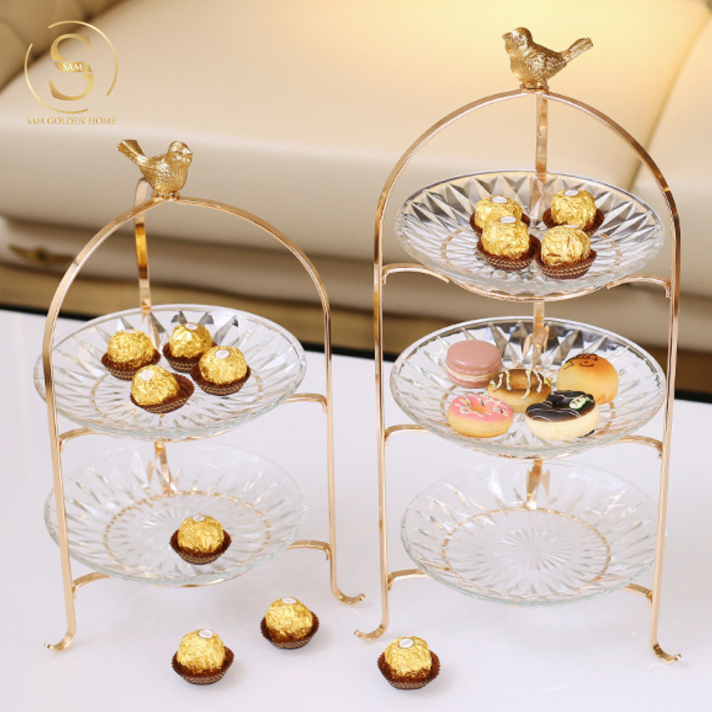 Khay 3 Tầng Kite Chim Vàng Kèm Đĩa Thủy Tinh – Decor Tiệc Trà, Đựng Bánh Trái Sang Trọng – Kiểu Dáng Hiện Đại Tinh Tế