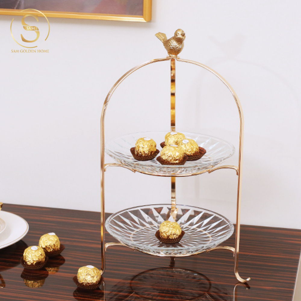 Khay 3 Tầng Kite Chim Vàng Kèm Đĩa Thủy Tinh – Decor Tiệc Trà, Đựng Bánh Trái Sang Trọng – Kiểu Dáng Hiện Đại Tinh Tế