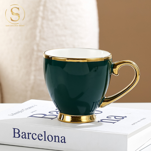  Ly Uống Trà, Nước Xavia Có Quai Màu Xanh Emerald Viền Vàng Sang Trọng Phong Cách Châu Âu 