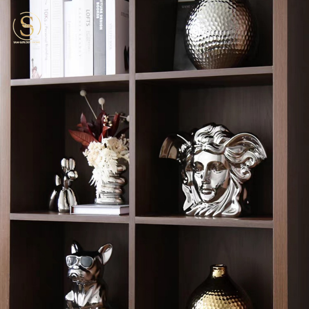 Bình Hoa Kết Hợp Tượng Trang Trí Silver Savona Gốm Sứ Sang Trọng Cao Cấp