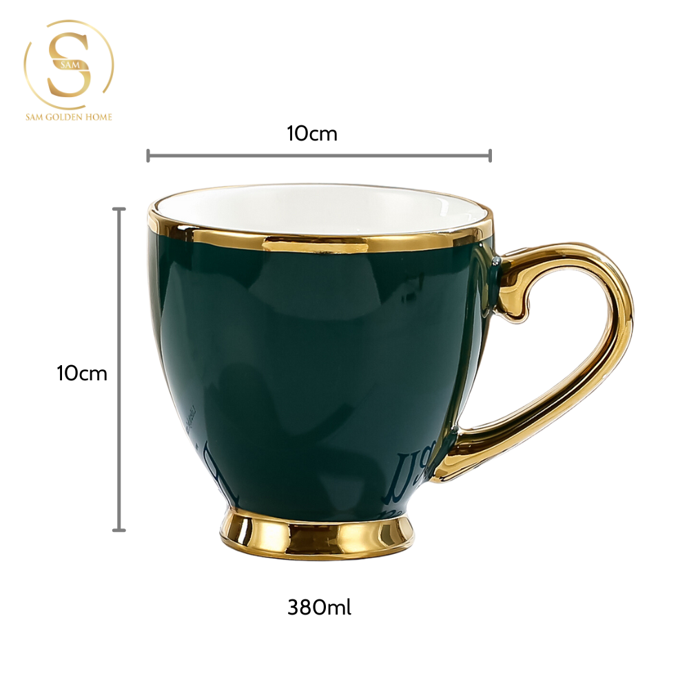 Ly Uống Trà, Nước Xavia Có Quai Màu Xanh Emerald Viền Vàng Sang Trọng Phong Cách Châu Âu