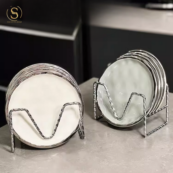 Set 6 Đĩa Eira Trắng Kèm Giá Inox Viền Bạc Phong Cách Bắc Âu