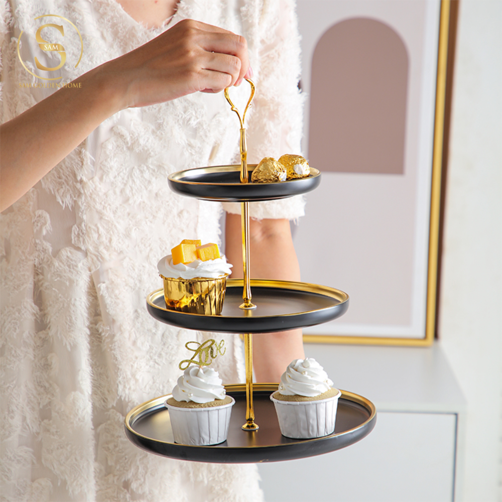 Khay 3 Tầng Papier Gốm Sứ Men Đen Viền Vàng – Sang Trọng Hiện Đại – Đựng Bánh Kẹo, Trái Cây, Decor Bàn Tiệc, Bàn Ăn Nhà Bếp