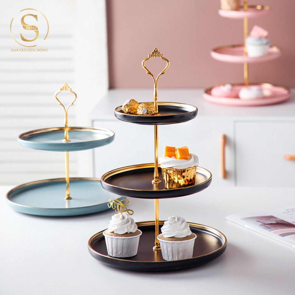 Khay 3 Tầng Papier Gốm Sứ Men Đen Viền Vàng – Sang Trọng Hiện Đại – Đựng Bánh Kẹo, Trái Cây, Decor Bàn Tiệc, Bàn Ăn Nhà Bếp