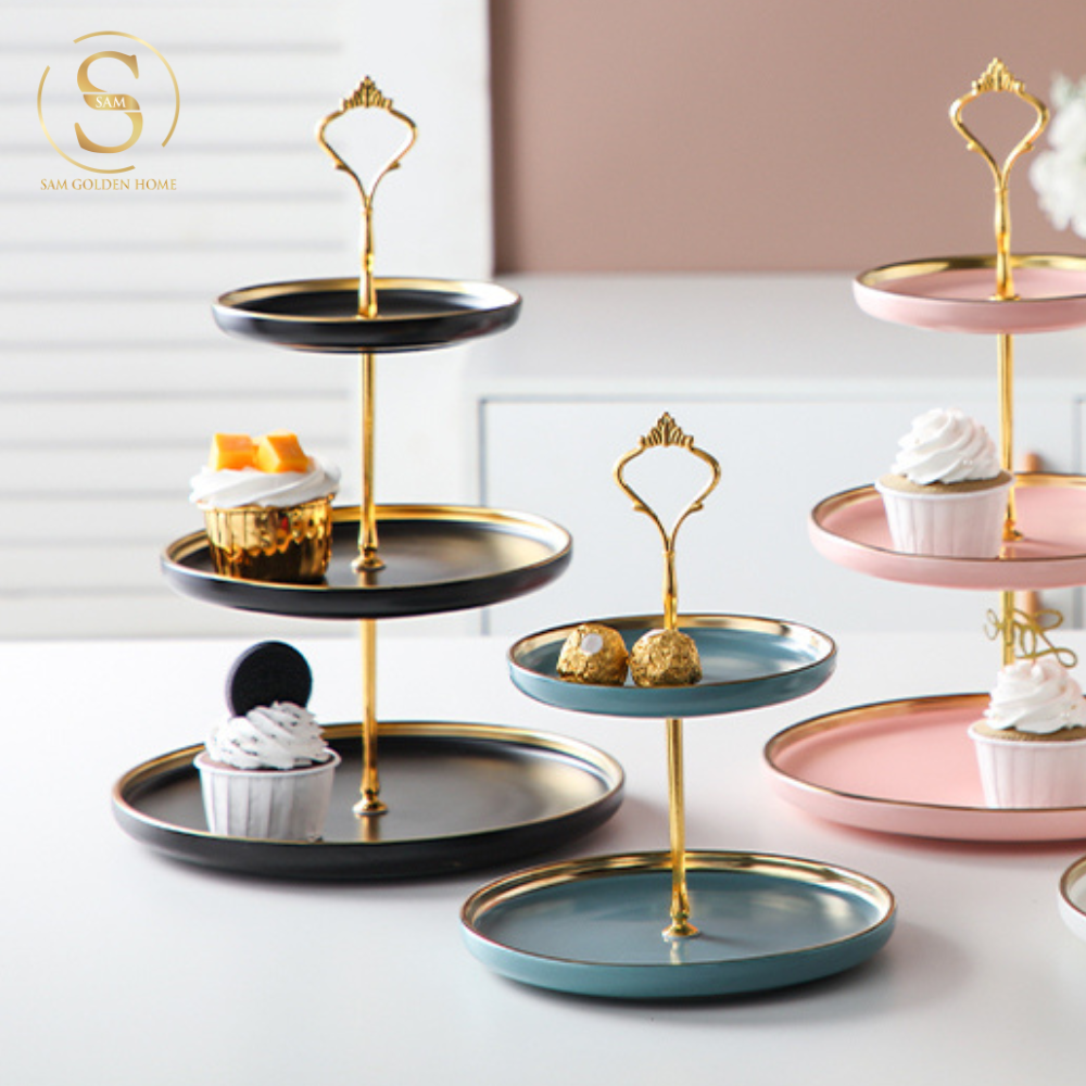 Khay 3 Tầng Papier Gốm Sứ Men Đen Viền Vàng – Sang Trọng Hiện Đại – Đựng Bánh Kẹo, Trái Cây, Decor Bàn Tiệc, Bàn Ăn Nhà Bếp