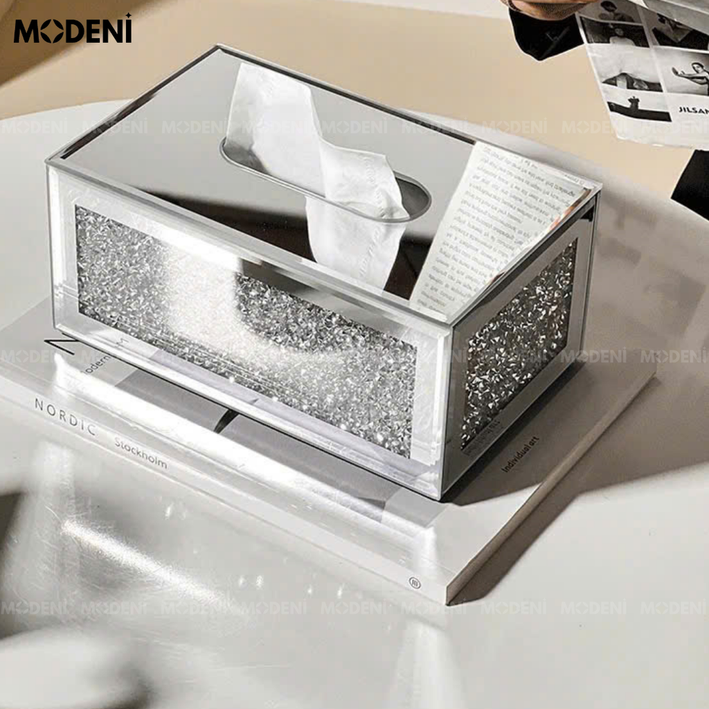 Hộp Khăn Giấy Glimma Cao Cấp – Gương Pha Lê Phối Hạt Nhũ Bạc – Thiết Kế Lấp Lánh Sang Trọng Cho Bàn Trang Điểm, Bàn Tiệc, Văn Phòng Hiện Đại