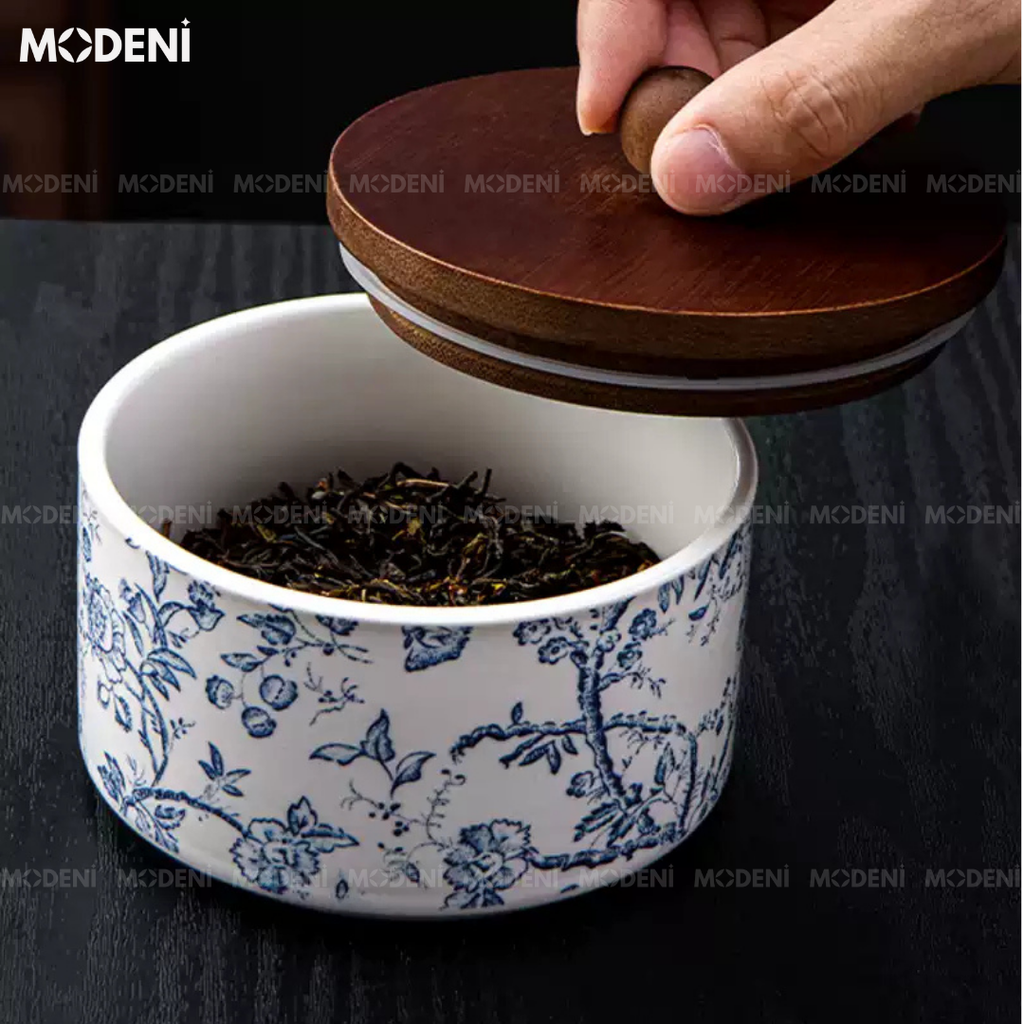 Lọ Đựng Palm Màu Xanh – Hũ Sứ Nắp Gỗ Sang Trọng – Giữ Mùi Kín – Kích Thước Gọn Gàng Phù Hợp Decor hoặc Đựng Trà