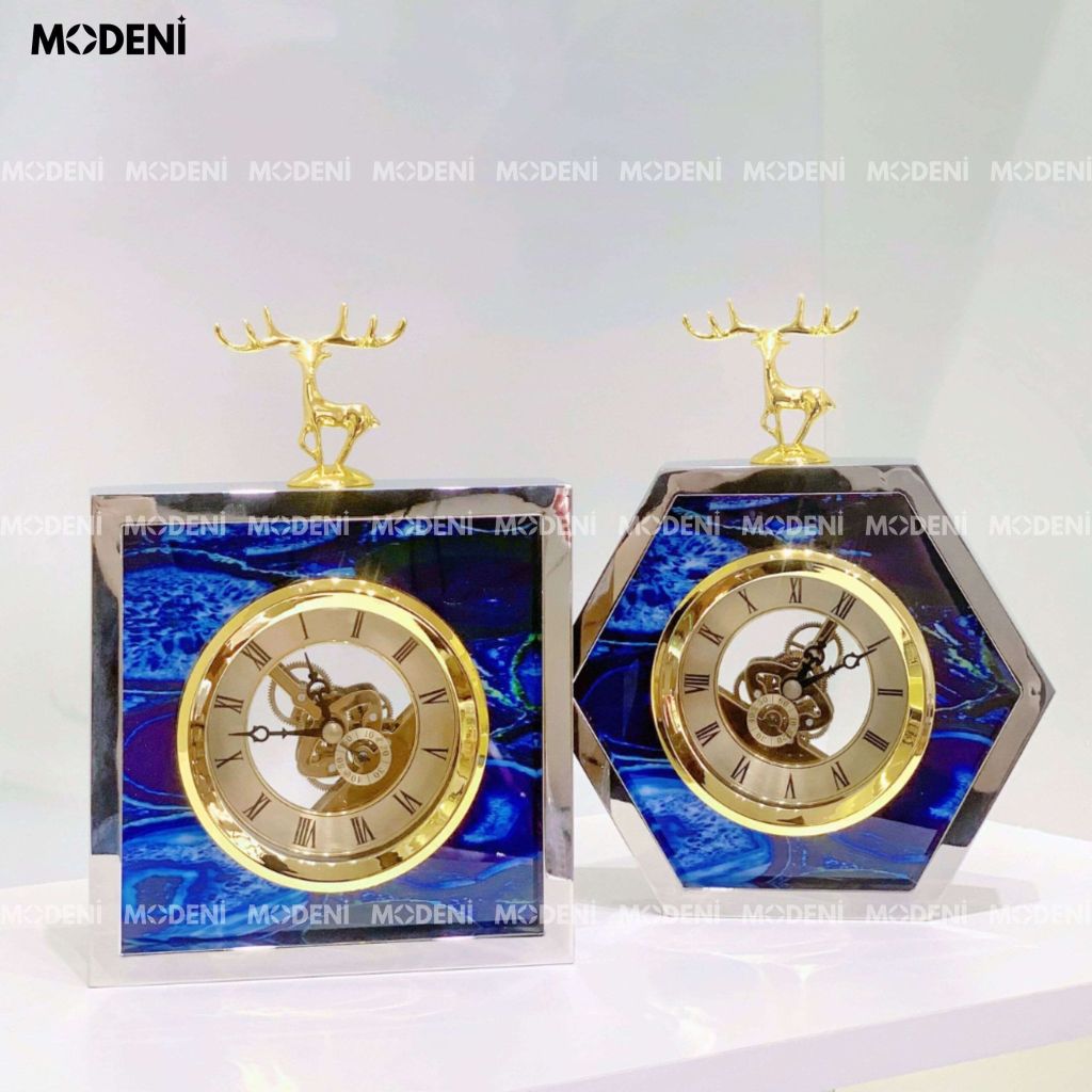 Đồng Hồ Bluey Lục Giác Cao Cấp – Mặt Số La Mã – Phối Đá Xanh Sang Trọng – Phù Hợp Decor Bàn, Kệ, Phòng Làm Việc