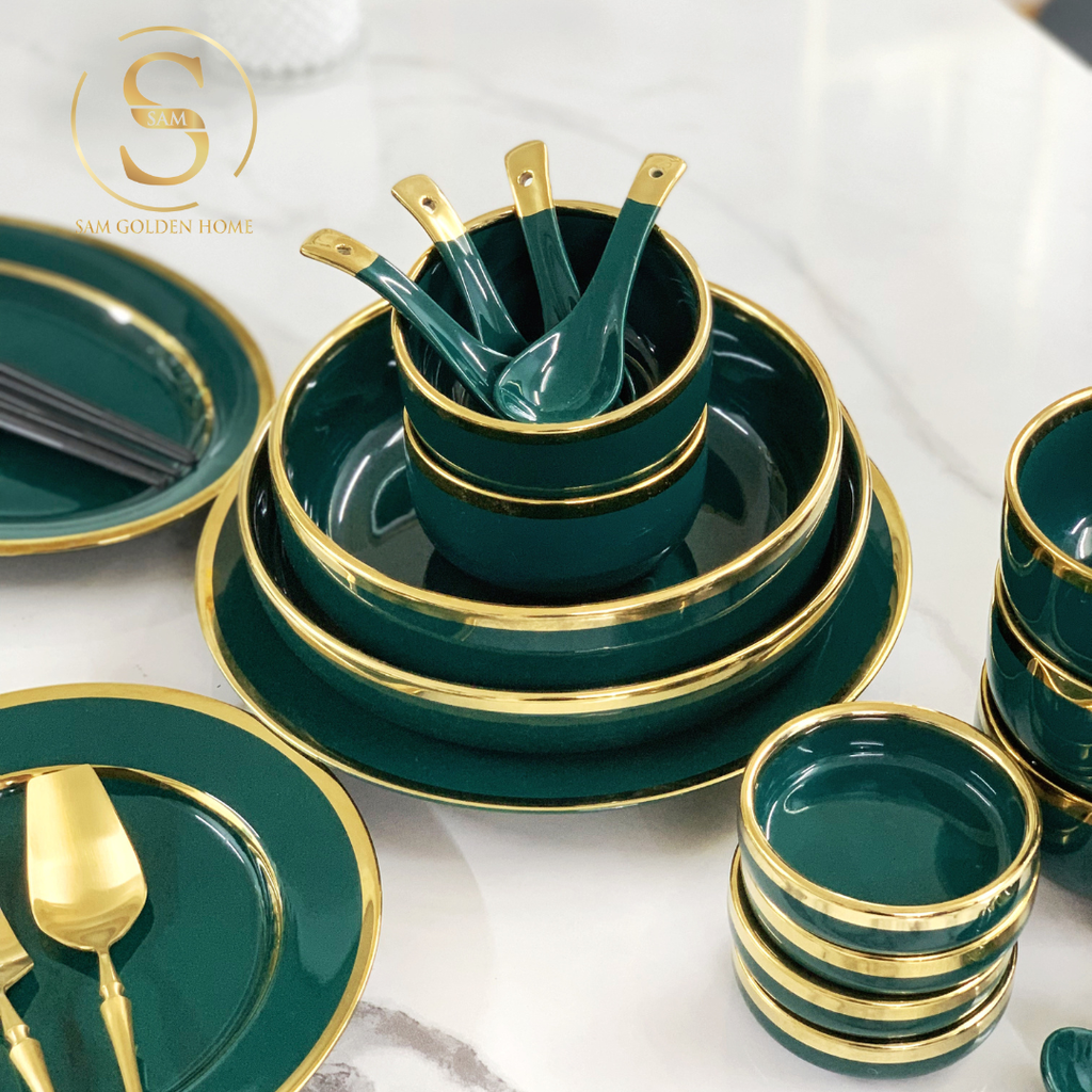 Bộ Tô Chén Đĩa Viền Vàng Nortylis Màu Xanh Emerald Gốm Sứ Cao Cấp Phong Cách Hiện Đại Châu Âu Quà Tặng Tân Gia