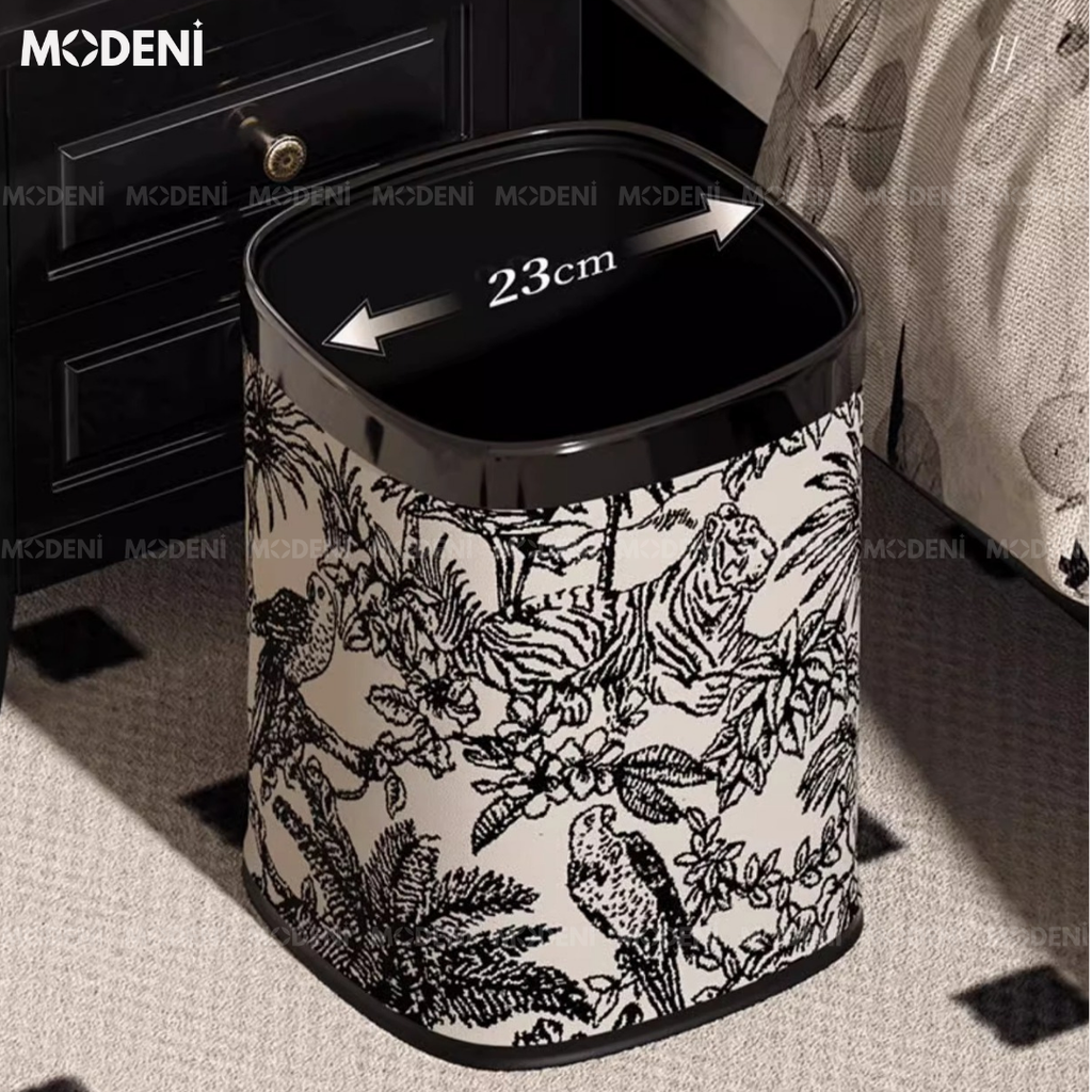 Thùng Rác Edward Đen – Thùng Rác Decor Hiện Đại – Họa Tiết Nhiệt Đới Tinh Tế – Dung Tích 12L, Phù Hợp Phòng Khách/Phòng Làm Việc