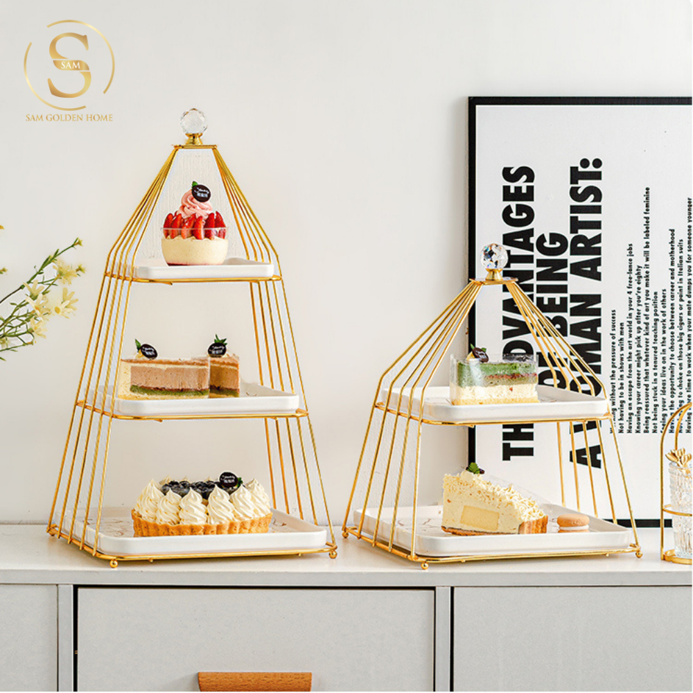 Khay 3 Tầng Bondine – Khung Vàng Đĩa Trắng Marble Sang Trọng, Decor Tiệc Trà Châu Âu