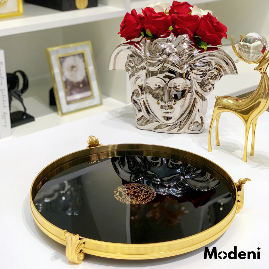 Khay Hình Tròn V Luxury Neo Trang Trí Cao Cấp Màu Đen Viền Vàng Sang Trọng Phong Cách Châu Âu Hiện Đại