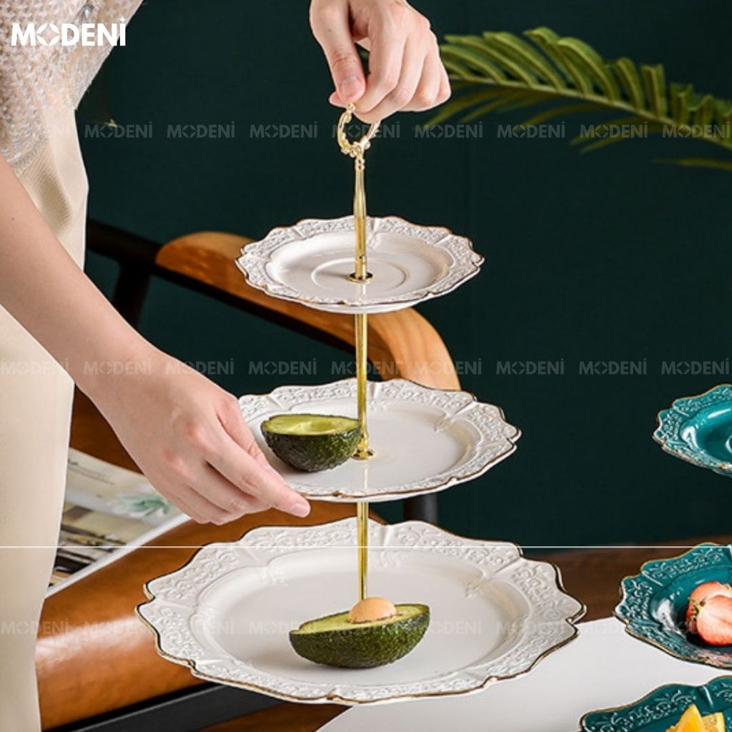 Khay 3 Tầng Alto Mạ Vàng Cao Cấp – Đĩa Sứ Trắng Viền Vàng Sang Trọng – Đựng Bánh Trái, Tráng Miệng Bàn Tiệc Hiện Đại