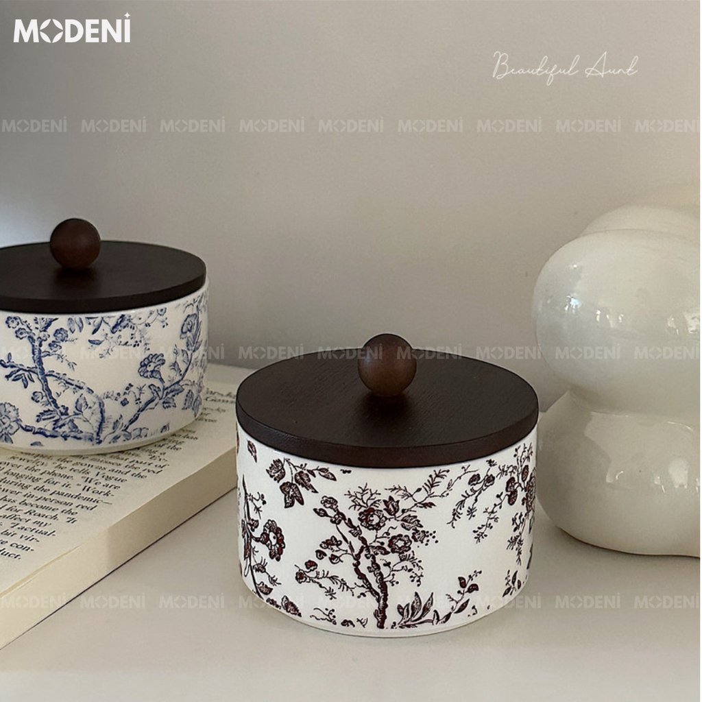 Lọ Đựng Palm Màu Đỏ – Hũ Sứ Nắp Gỗ Đựng Trà Bánh Kẹo – Hoa Văn Cổ Sang Trọng Vintage – Decor Tủ Kệ Đậm Gu