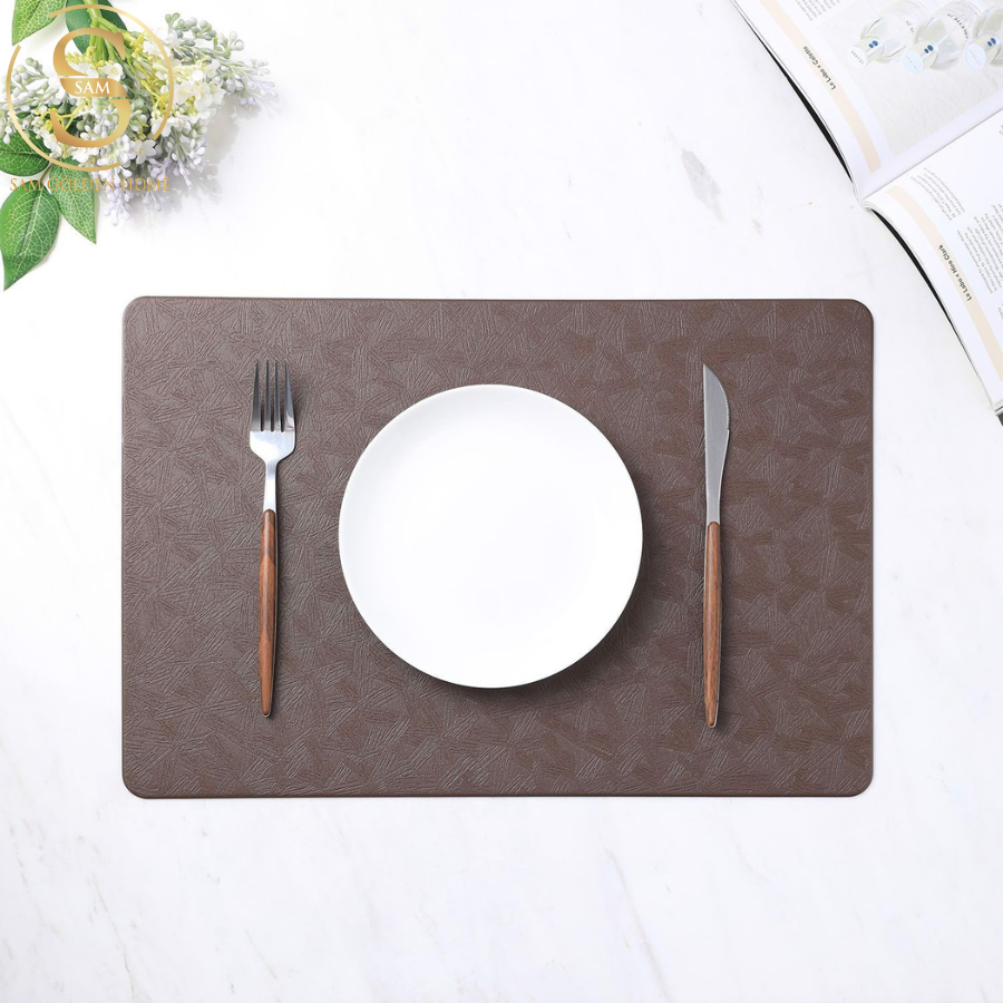 Placemat Lót Bàn Ăn Sang Trọng Màu Nâu Leather Nhựa PU Vân Hoa Dễ Lau Chùi, Chịu Nhiệt Tốt