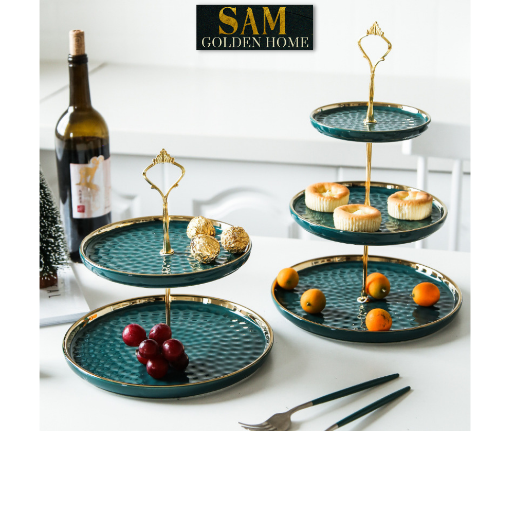 Khay Đĩa Papier 3 Tầng Gốm Sứ Men Cao Cấp – Decor Bàn Tiệc Trái Cây, Bánh Kẹo – Tông Xanh Ngọc Lục Bảo Sang Trọng