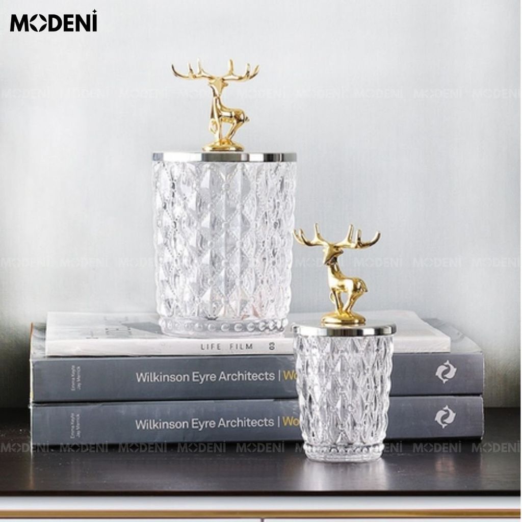 Set 2 Lọ Đựng Kẹo Thuỷ Tinh Patronus Cao Cấp – Nắp Tuần Lộc Mạ Vàng, Sang Trọng, Dùng Decor & Bàn Tiệc