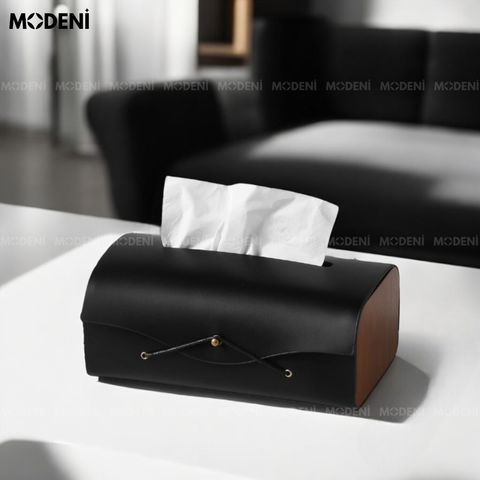 Hộp khăn giấy Elise Đen da PU cao cấp phối gỗ MDF phủ melamine sang trọng đặt trên bàn làm việc.