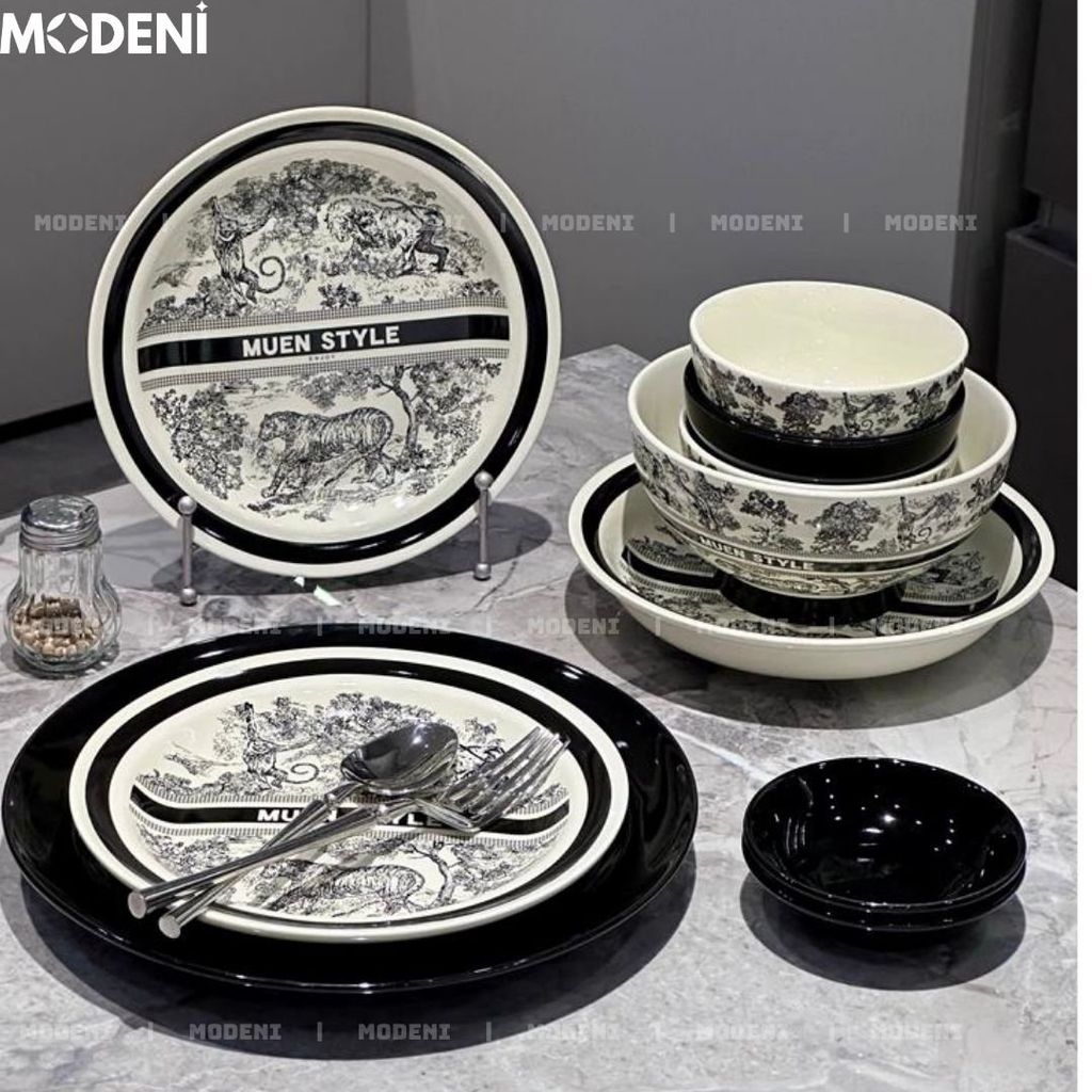 Bộ Chén Đĩa Sứ Trắng Đen Cao Cấp Dioria Nghệ Thuật In Chìm – Phong Cách Cổ Điển Đậm Chất Âu – Phù Hợp Bàn Ăn Gia Đình & Quà Tặng Sang Trọng