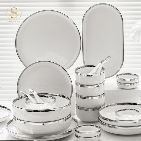  Bộ Tô Chén Đĩa Sứ Cao Cấp Adelaide Viền Bạch Kim Sang Trọng 