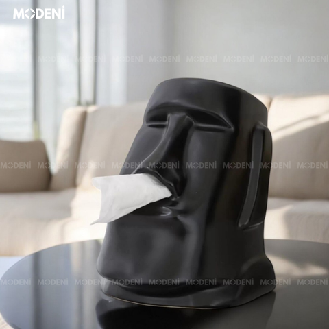 Hộp khăn giấy Moai Black gốm sứ cao cấp sơn mờ màu đen sang trọng đặt trong phòng khách.