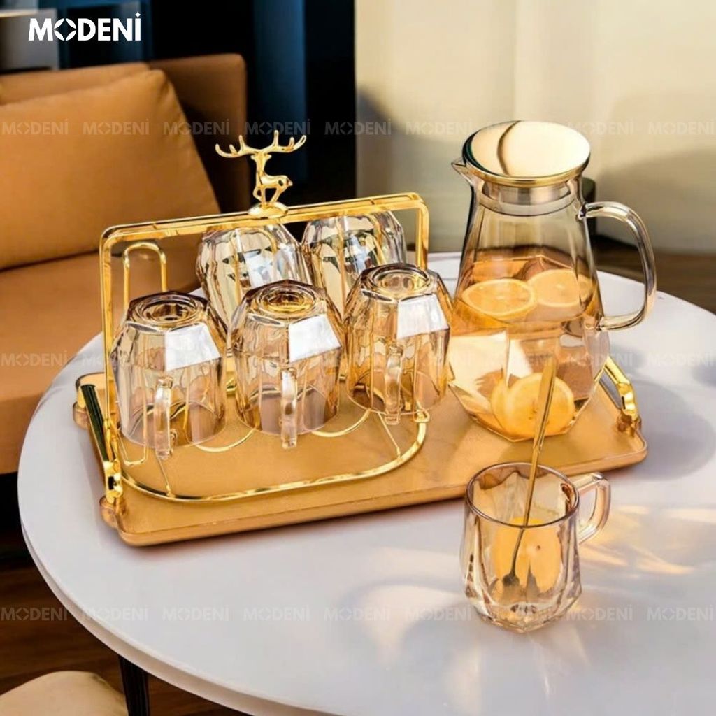 Bộ Bình Ly Thủy Tinh Cao Cấp Elemi  Màu Nâu Cam Phong Cách Châu Âu Hiện Đại Sang Trọng