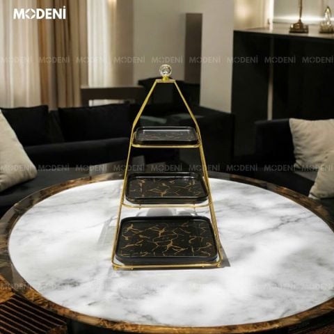  Khay 3 Tầng Đen Bondine – Khung Vàng Đĩa Đen Marble Sang Trọng, Decor Tiệc Trà Châu Âu 