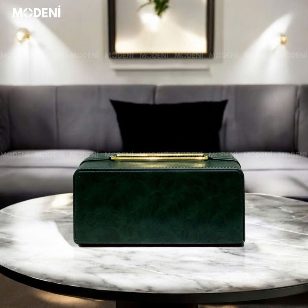 Hộp khăn giấy Corel Da Xanh Rêu Viền Vàng giả da cao cấp sang trọng cho văn phòng và phòng ngủ