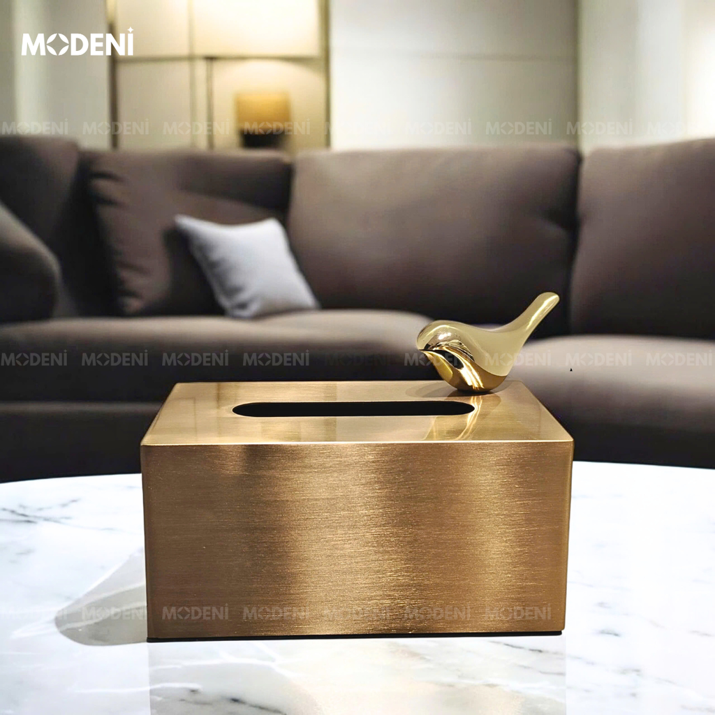 Hộp Đựng Khăn Giấy Sang Trọng Coco Vàng Gold Hợp Kim Cao Cấp Tặng Kèm Tượng Chim Sẻ Gold Decor Phòng Ăn