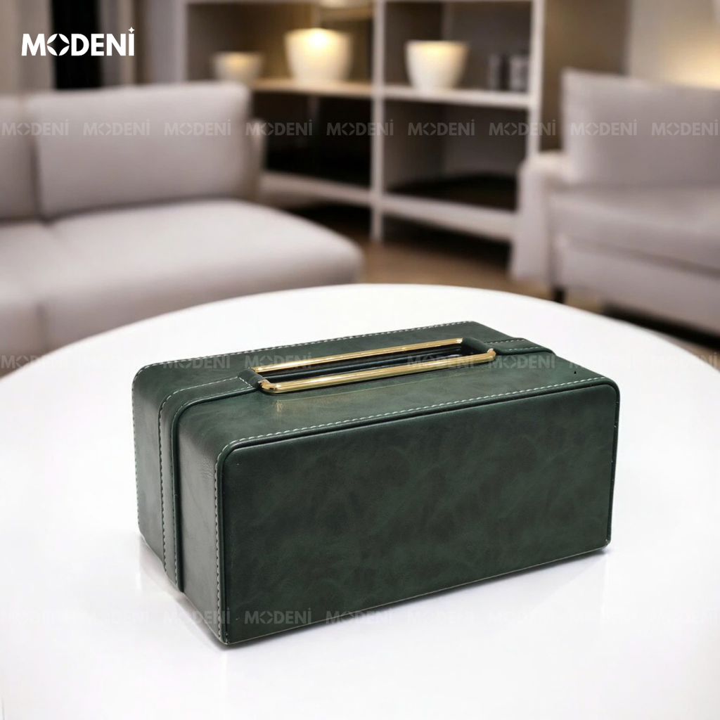 Hộp khăn giấy Corel Da Xanh Rêu Viền Vàng giả da cao cấp sang trọng cho văn phòng và phòng ngủ