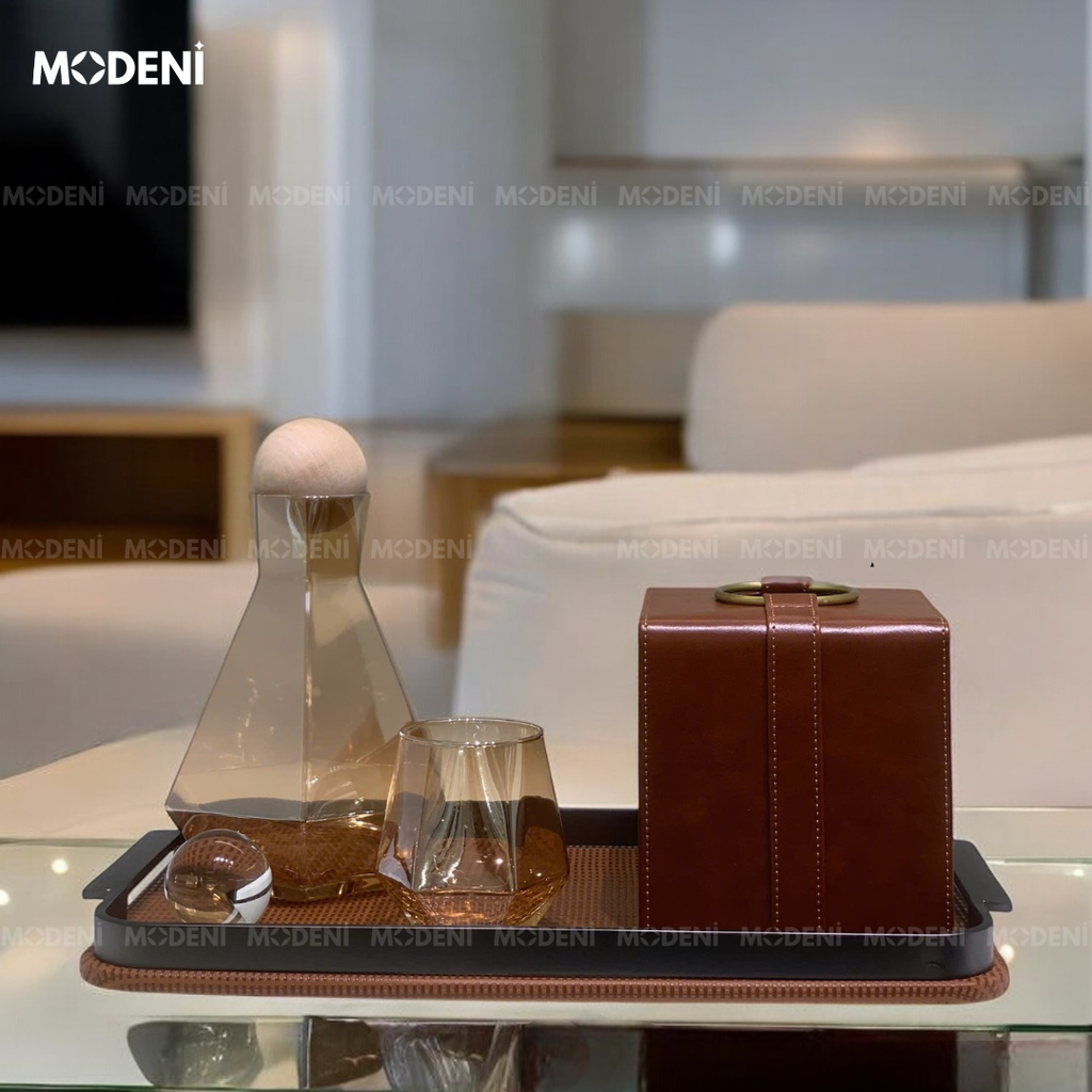 Hộp Khăn Giấy Carla Luxe Cao Cấp – Da Nâu Cổ Sang Trọng, Viền Ánh Vàng – Điểm Nhấn Bàn Trà Hiện Đại