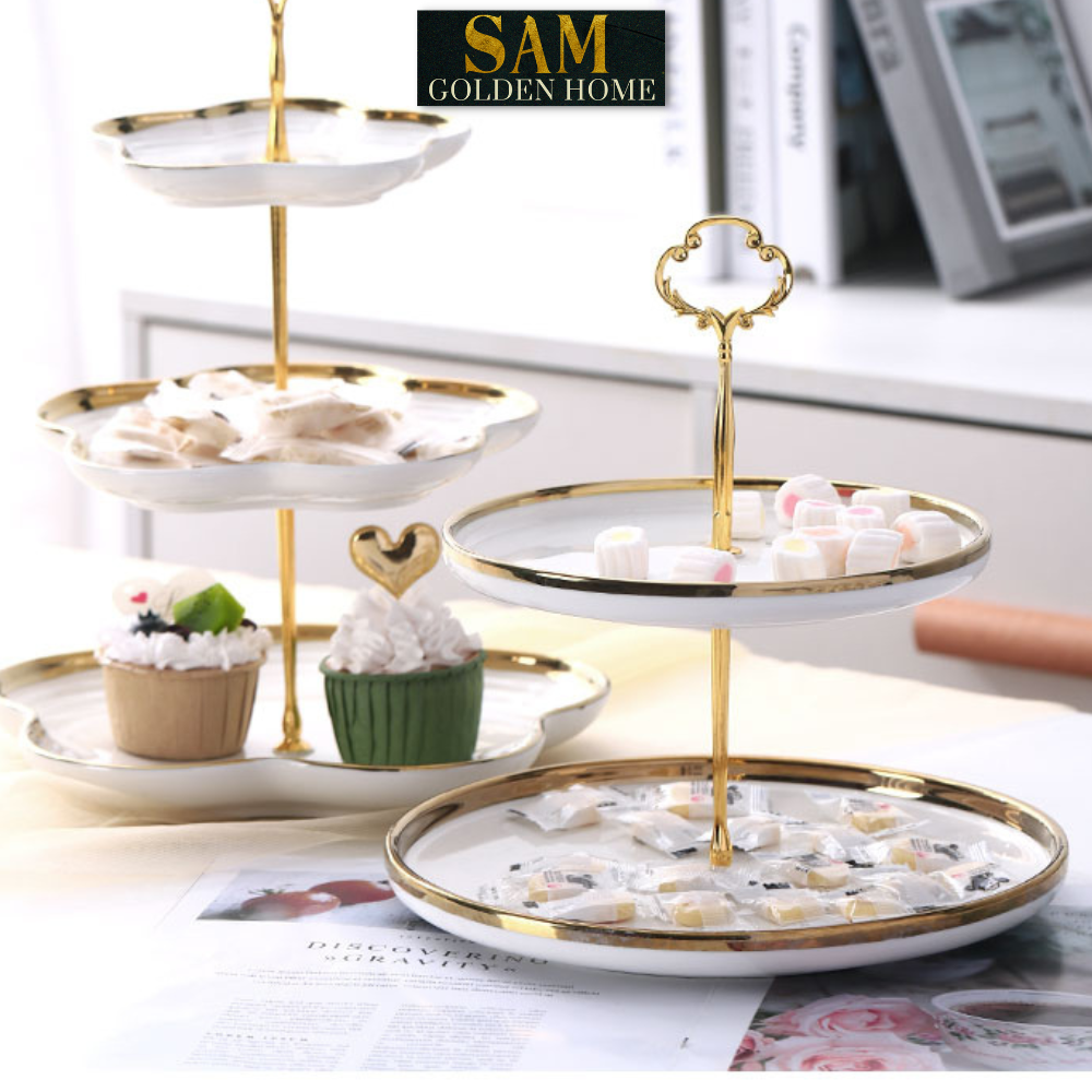 Khay Đĩa Apri 2 Tầng Gốm Sứ Men Trắng Cao Cấp – Viền Vàng Hình Hoa Độc Đáo – Decor Tiệc Trà Phong Cách Hàn Quốc Sang Trọng