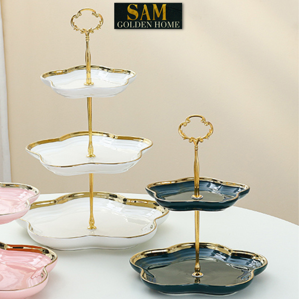 Khay Đĩa Apri 2 Tầng Gốm Sứ Men Trắng Cao Cấp – Viền Vàng Hình Hoa Độc Đáo – Decor Tiệc Trà Phong Cách Hàn Quốc Sang Trọng