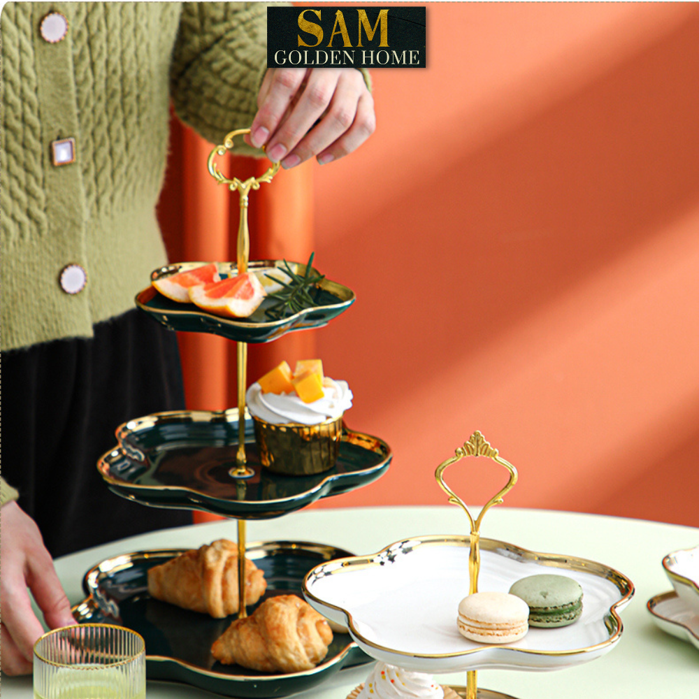  Khay Đĩa Apri 2 Tầng Gốm Sứ Men Trắng Cao Cấp – Viền Vàng Hình Hoa Độc Đáo – Decor Tiệc Trà Phong Cách Hàn Quốc Sang Trọng 