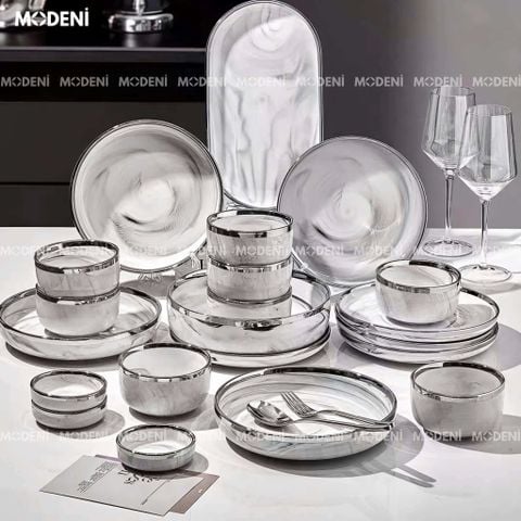 Đĩa sâu Campalia màu trắng xám vân khói – đựng món ăn sang trọng