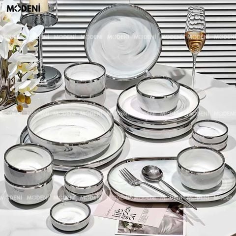 Campalia bộ chén đĩa sứ trắng vân khói hiện đại cho bàn ăn sang trọng