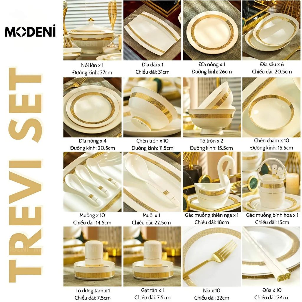 Bộ chén đĩa Trevi sứ cao cấp – Họa tiết Hy Lạp ánh vàng – Decor sang trọng cho bàn ăn biệt thự