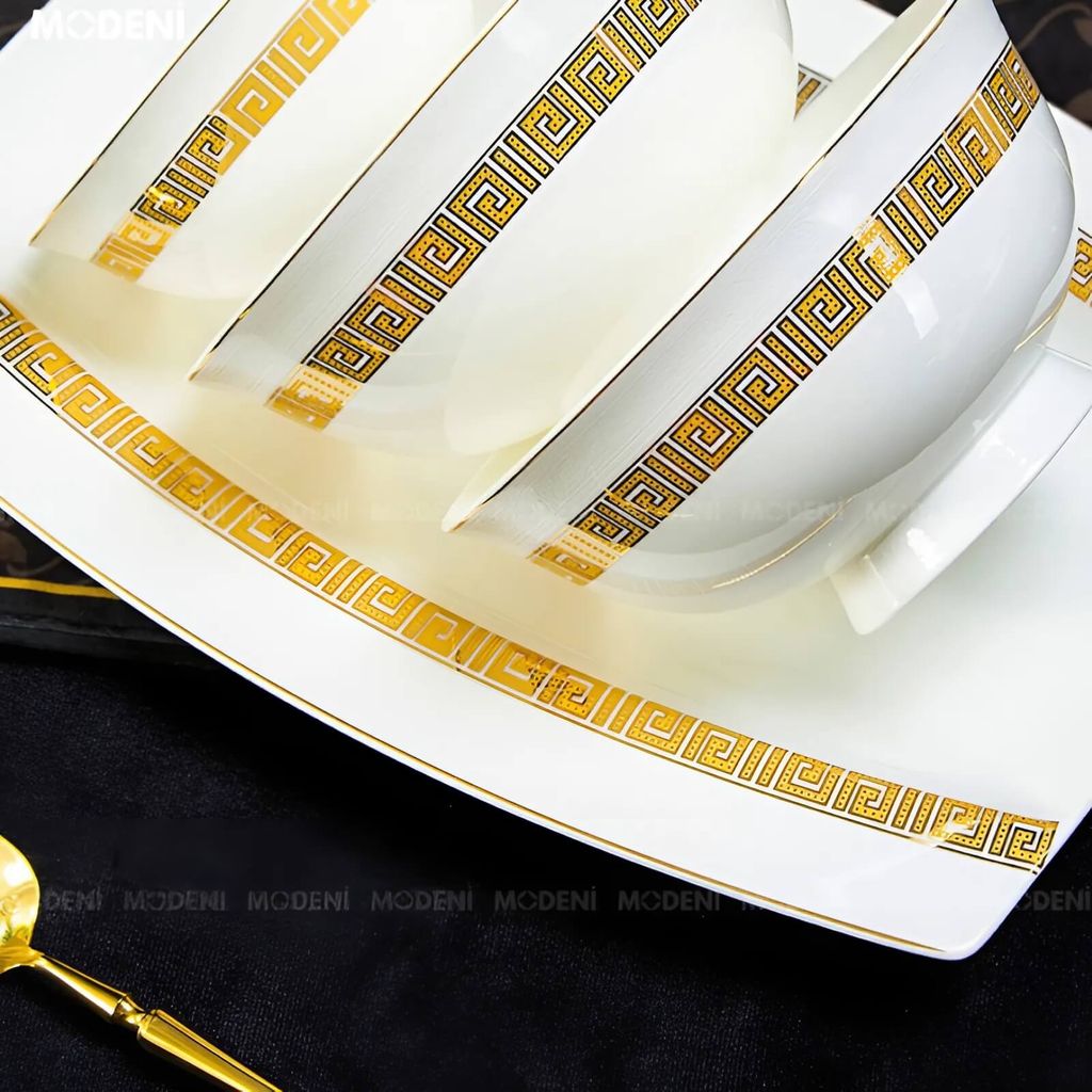 Bộ chén đĩa Trevi sứ cao cấp – Họa tiết Hy Lạp ánh vàng – Decor sang trọng cho bàn ăn biệt thự
