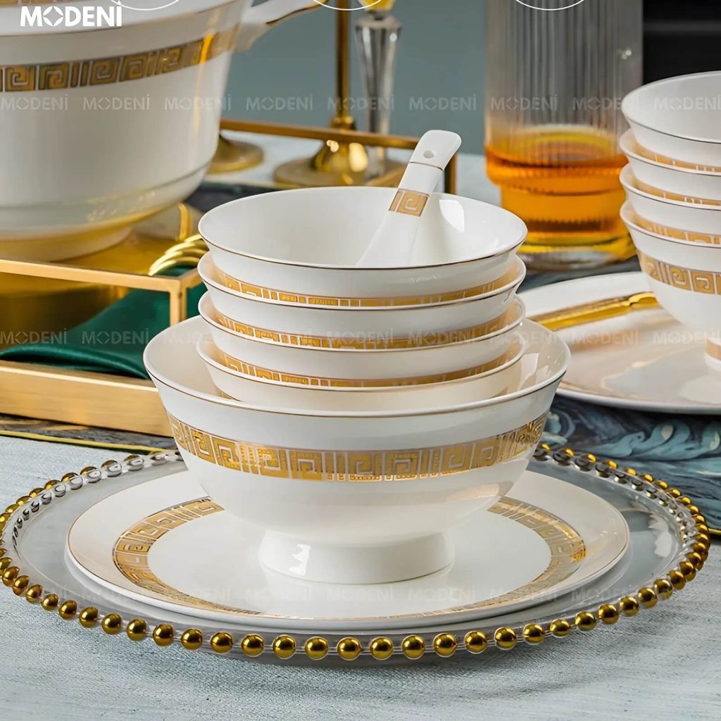 Bộ chén đĩa Trevi sứ cao cấp – Họa tiết Hy Lạp ánh vàng – Decor sang trọng cho bàn ăn biệt thự
