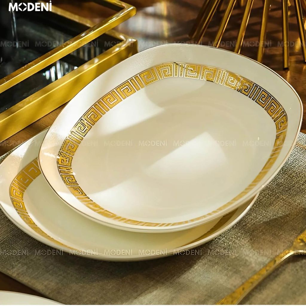 Bộ chén đĩa Trevi sứ cao cấp – Họa tiết Hy Lạp ánh vàng – Decor sang trọng cho bàn ăn biệt thự
