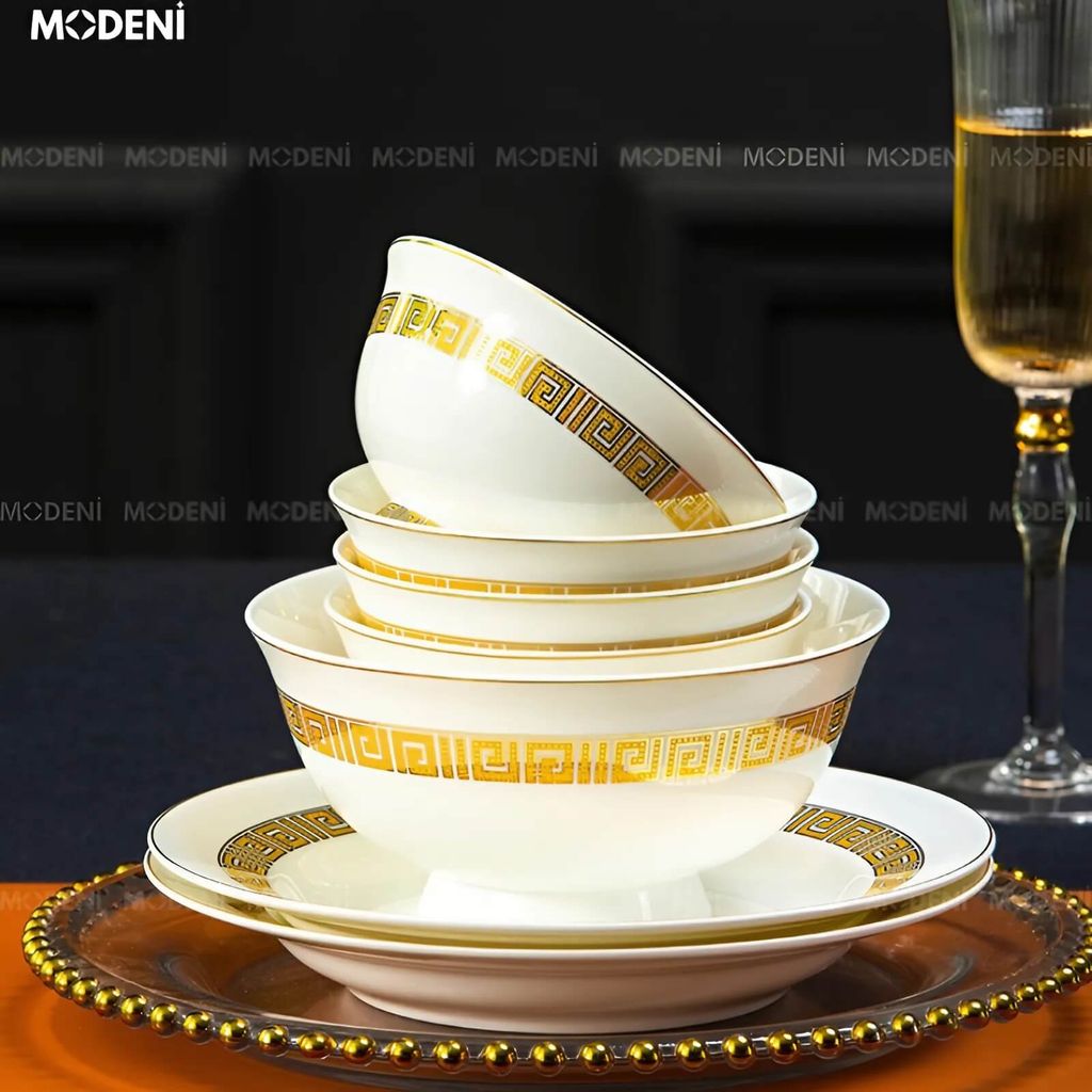 Bộ chén đĩa Trevi sứ cao cấp – Họa tiết Hy Lạp ánh vàng – Decor sang trọng cho bàn ăn biệt thự