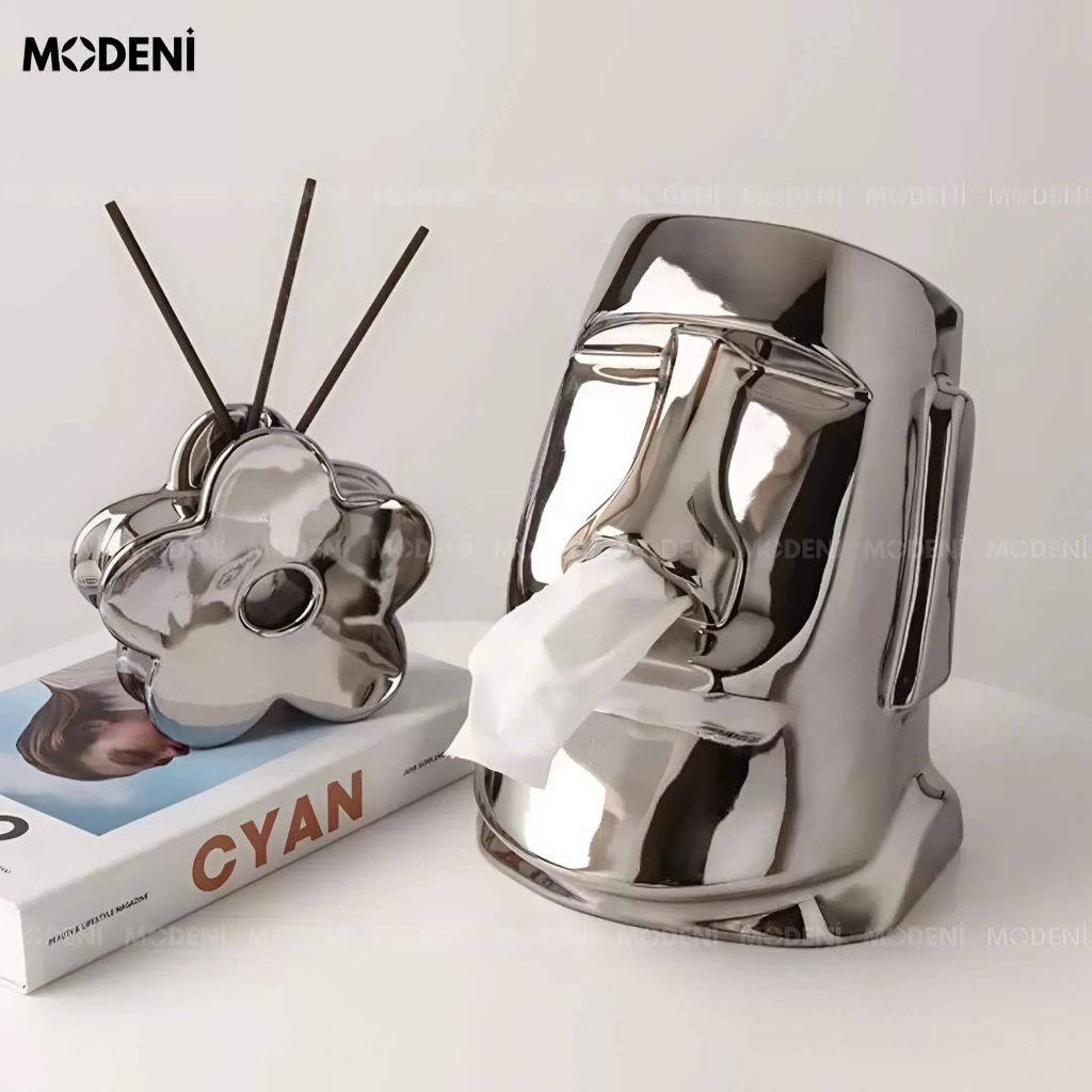 Hộp Khăn Giấy Moai Silver Cao Cấp – Thiết Kế Nghệ Thuật Độc Đáo – Decor Phòng Khách, Bàn Làm Việc, Quà Tặng Lạ Mắt